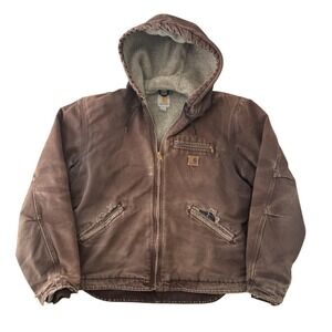 VTG Carhartt J141 Hooded Jacket L Sherpa Lined Brown Duck Distressed Workwear